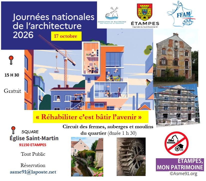 Affiche Journées nationales de l'architecture 2026 - 17 octobre - Circuit des fermes, auberges et moulins du quartier - Étampes